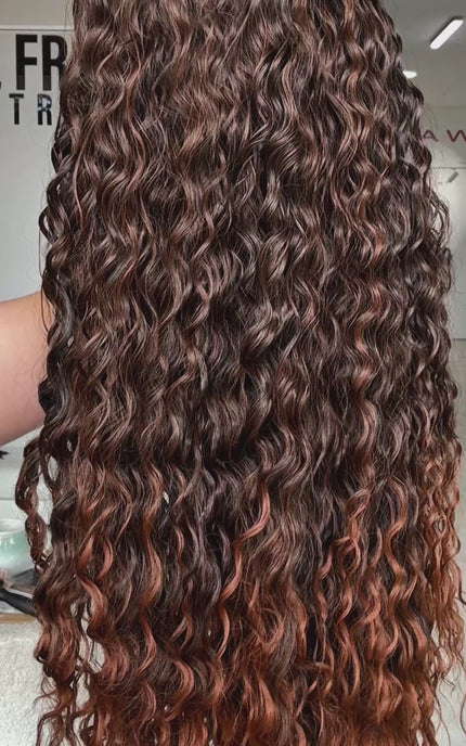 long length curly brunette hair, lighter chesnut brunette ends, heat safe synthetic hair.