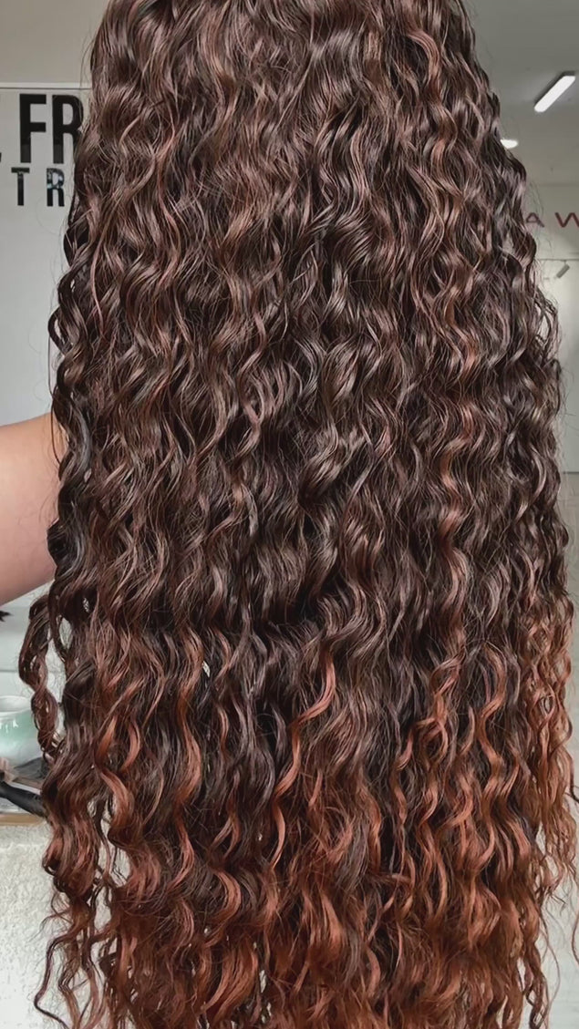 long length curly brunette hair, lighter chesnut brunette ends, heat safe synthetic hair.