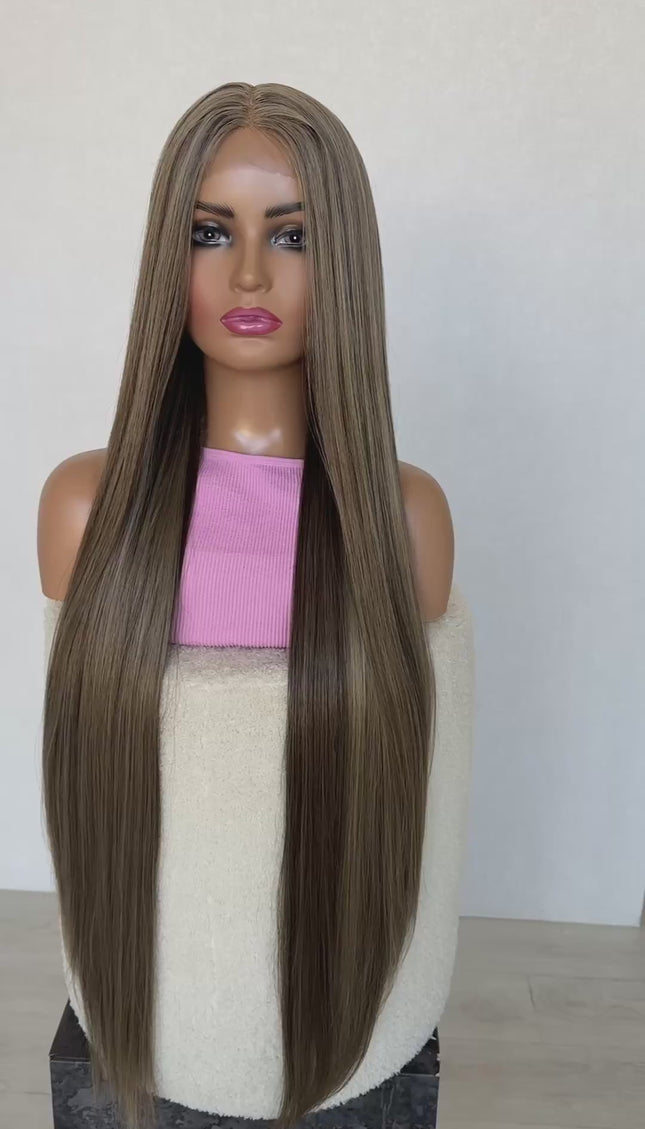 zara lacefront t-part long length hair wig, glueless wig, heat safe hair, sewn in middle part, 28-30 inch hair.