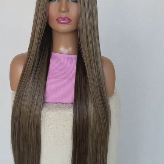 zara lacefront t-part long length hair wig, glueless wig, heat safe hair, sewn in middle part, 28-30 inch hair.