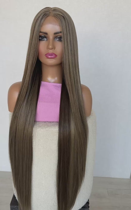 zara lacefront t-part long length hair wig, glueless wig, heat safe hair, sewn in middle part, 28-30 inch hair.
