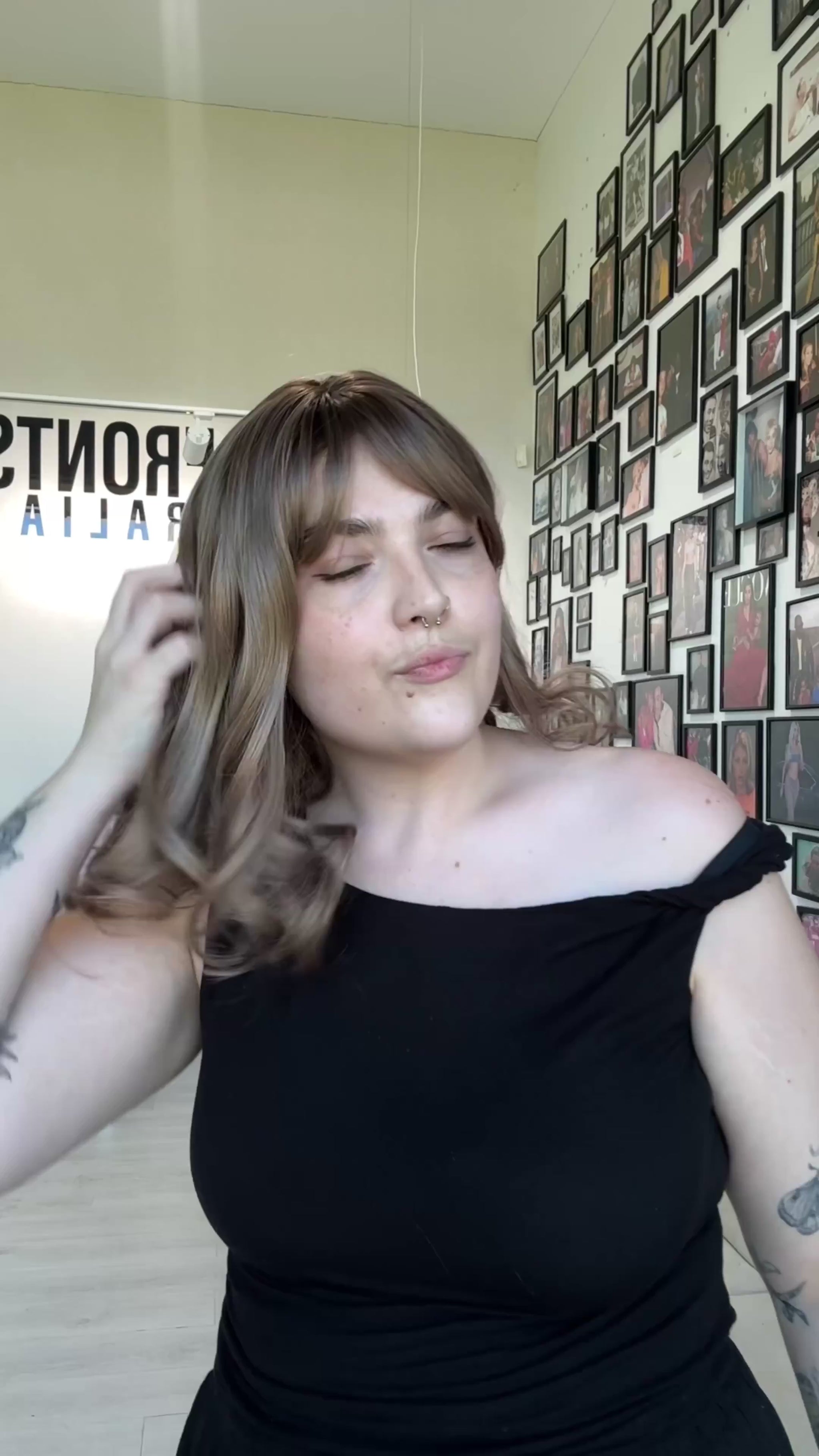 Dark ash champagne blonde wig, heat safe glueless synthetics australia, curled ends, middle part.