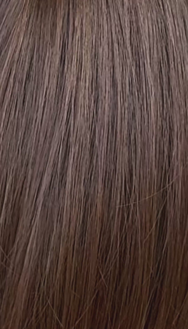 chocolate brunette bob with middle part and long face framing layers. glueless wig cap style for easy daily wear, short bob length.