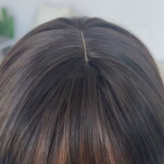 heat safe brunette synthetic wig, middle part with fringe.