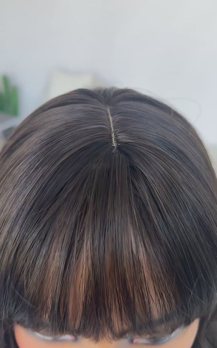 heat safe brunette synthetic wig, middle part with fringe.