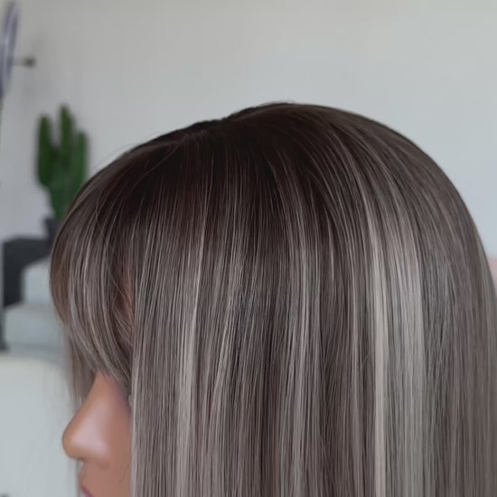 realistic silver highlighted wig with long bob length, heat safe hair and glueless cap for beginner.