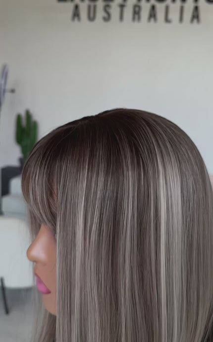 realistic silver highlighted wig with long bob length, heat safe hair and glueless cap for beginner.
