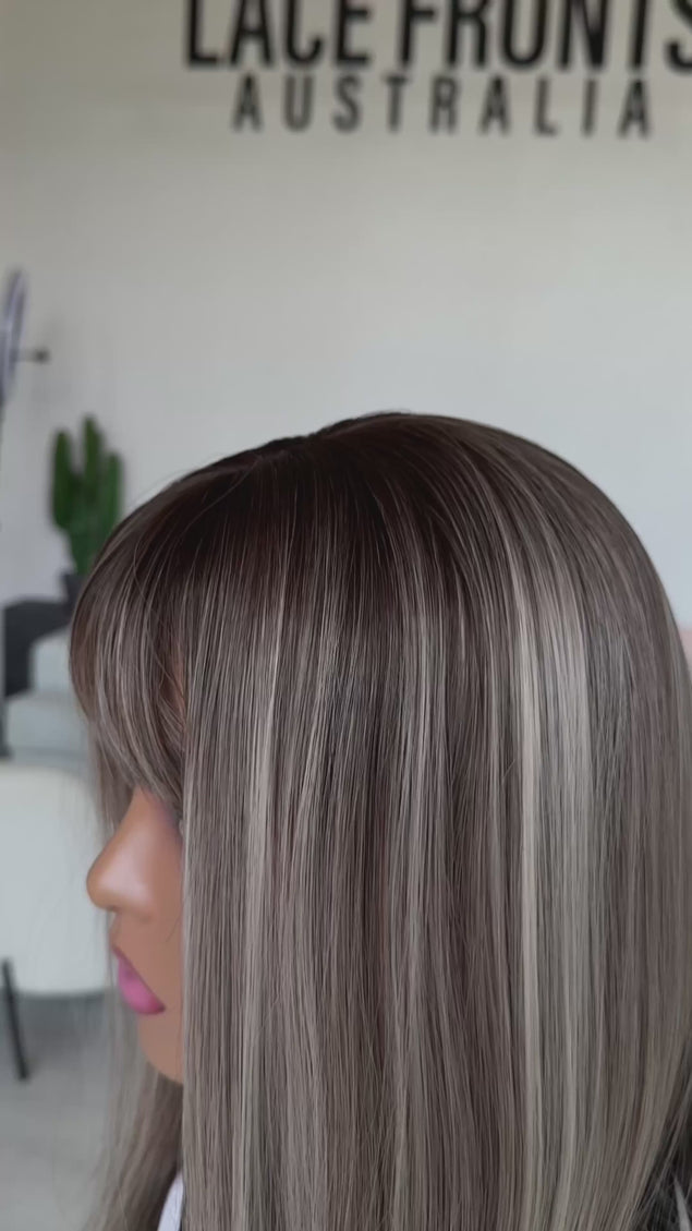 realistic silver highlighted wig with long bob length, heat safe hair and glueless cap for beginner.