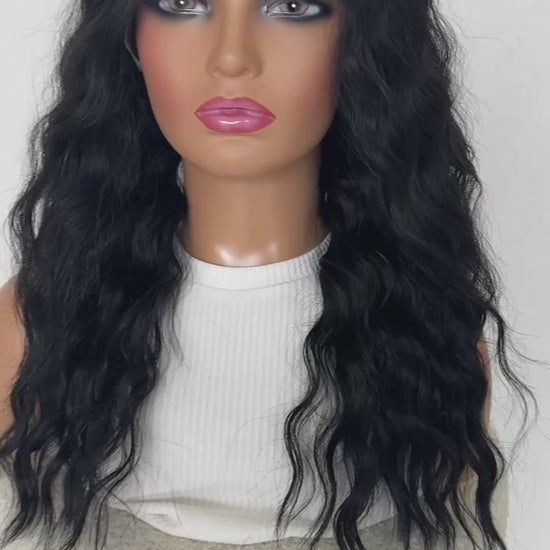 noir black wavy synthetic, t-part lacefront, middle part 20-22 inch hair length.