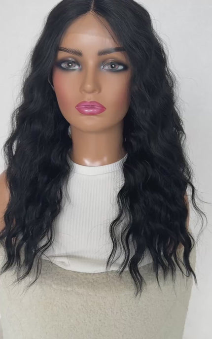 noir black wavy synthetic, t-part lacefront, middle part 20-22 inch hair length.