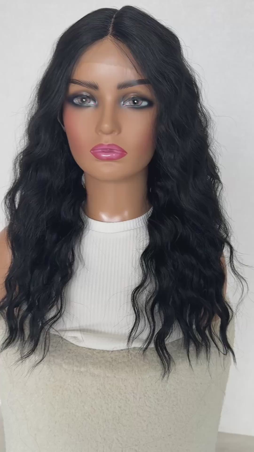 noir black wavy synthetic, t-part lacefront, middle part 20-22 inch hair length.