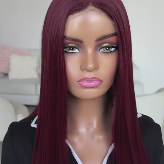 a realistic lace front wig with heat safe synthetic fibres and a glueles cap for easy wear.