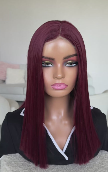 a realistic lace front wig with heat safe synthetic fibres and a glueles cap for easy wear.