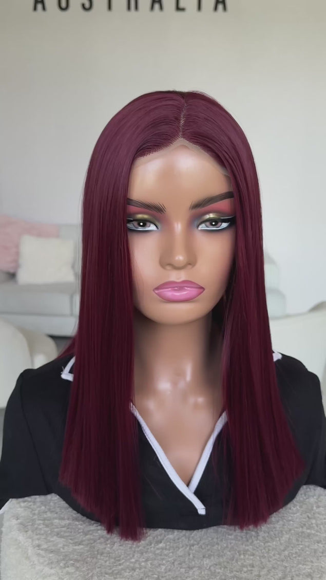 a realistic lace front wig with heat safe synthetic fibres and a glueles cap for easy wear.