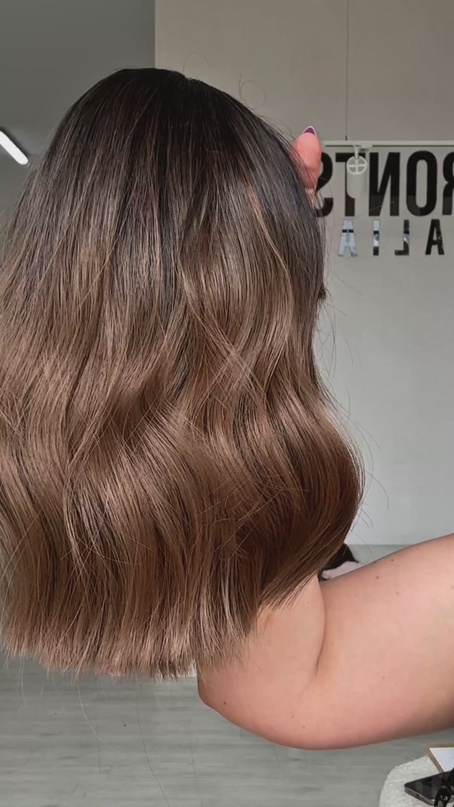brunette warm ombre colour, dark brunette root to warm brunette ends, short bob style with wavy hair. heat safe wig, middle part with fringe, perfect for daily wear.
