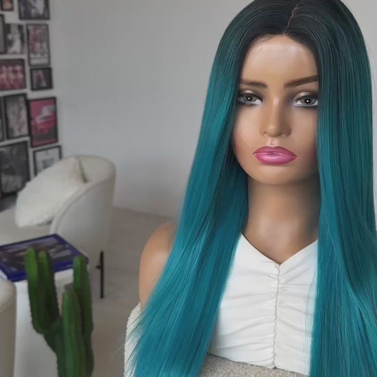 bubble gum blue, dark root, straight hair wig, synthetic heat safe hair.