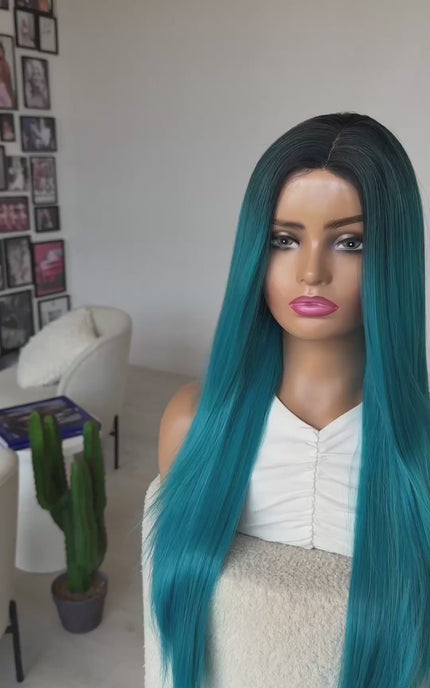 bubble gum blue, dark root, straight hair wig, synthetic heat safe hair.