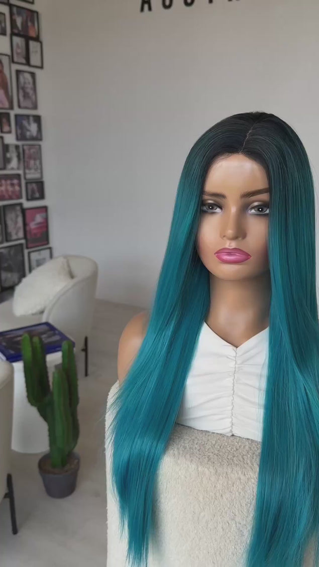 bubble gum blue, dark root, straight hair wig, synthetic heat safe hair.