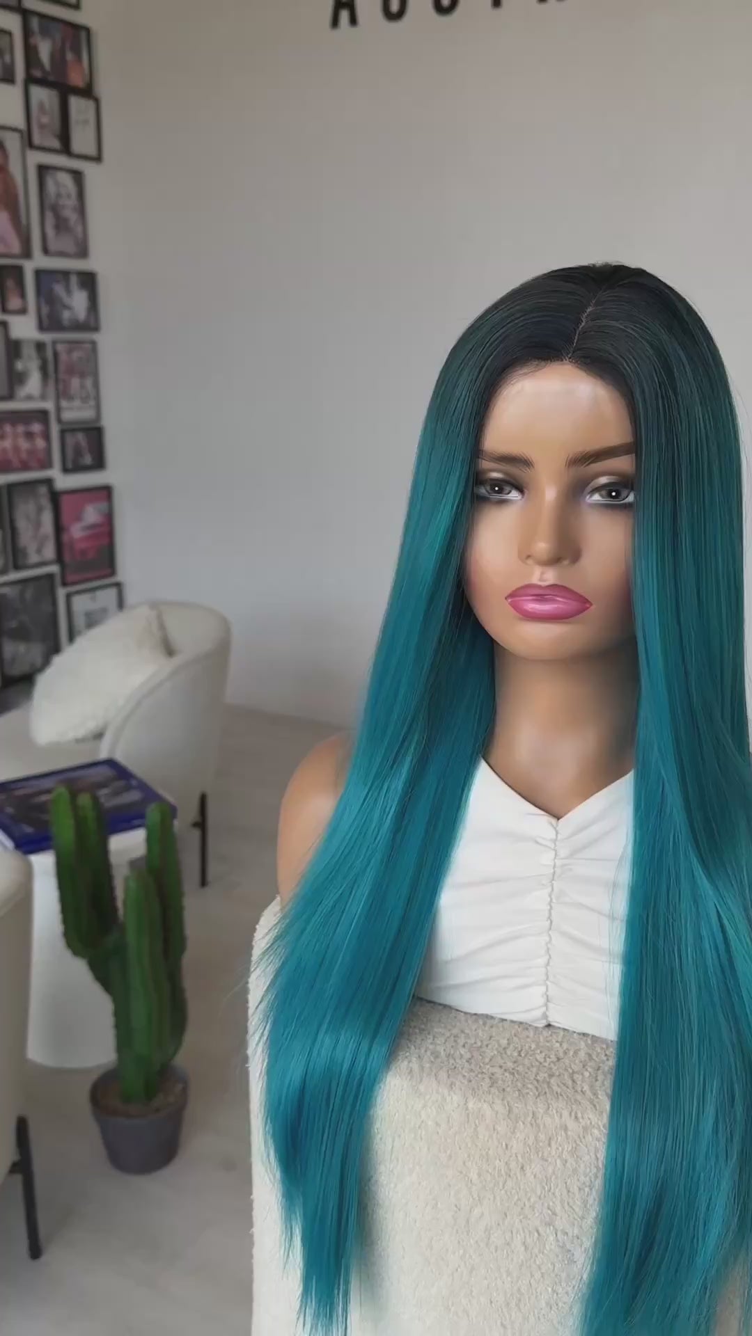 bubble gum blue, dark root, straight hair wig, synthetic heat safe hair.