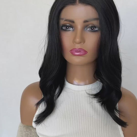 synthetic lacefront bob, middle part, wavy hair, heat safe, glueless wig.