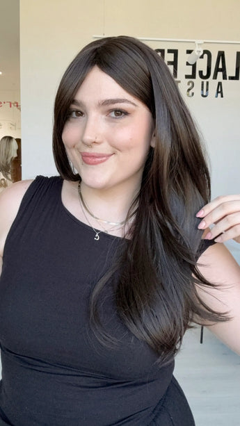 dark brunette layered hair synthetic wig, heat safe glueless, layered brunette hair with curtain bangs.