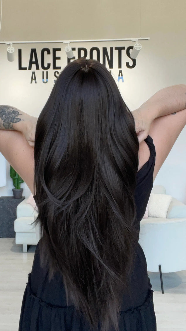 long length layered dark brown heat safe synthetic wig. for hairloss.