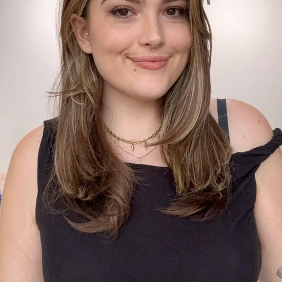 side part, lace front, glueless synthetic wig, highlighted cinnamon brunette hair, ready to wear.