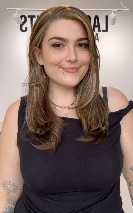 side part, lace front, glueless synthetic wig, highlighted cinnamon brunette hair, ready to wear.