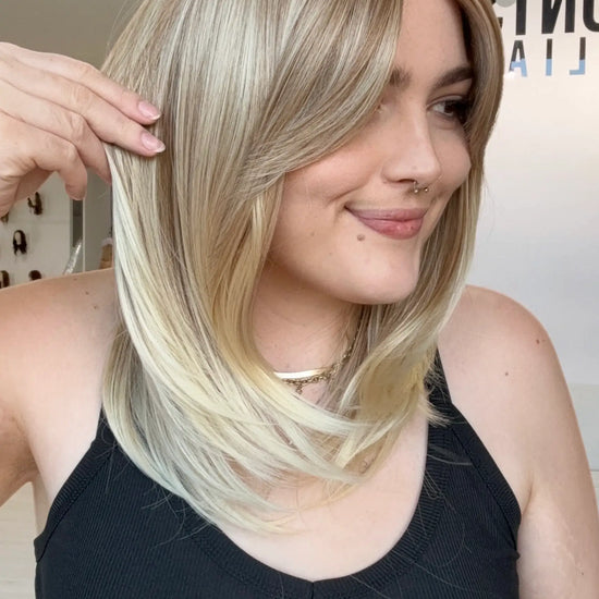 ready to wear, sandy blonde ombre with curtain bangs and layers, middle part with glueless cap, gold coast australia natural synthetics, blonde.