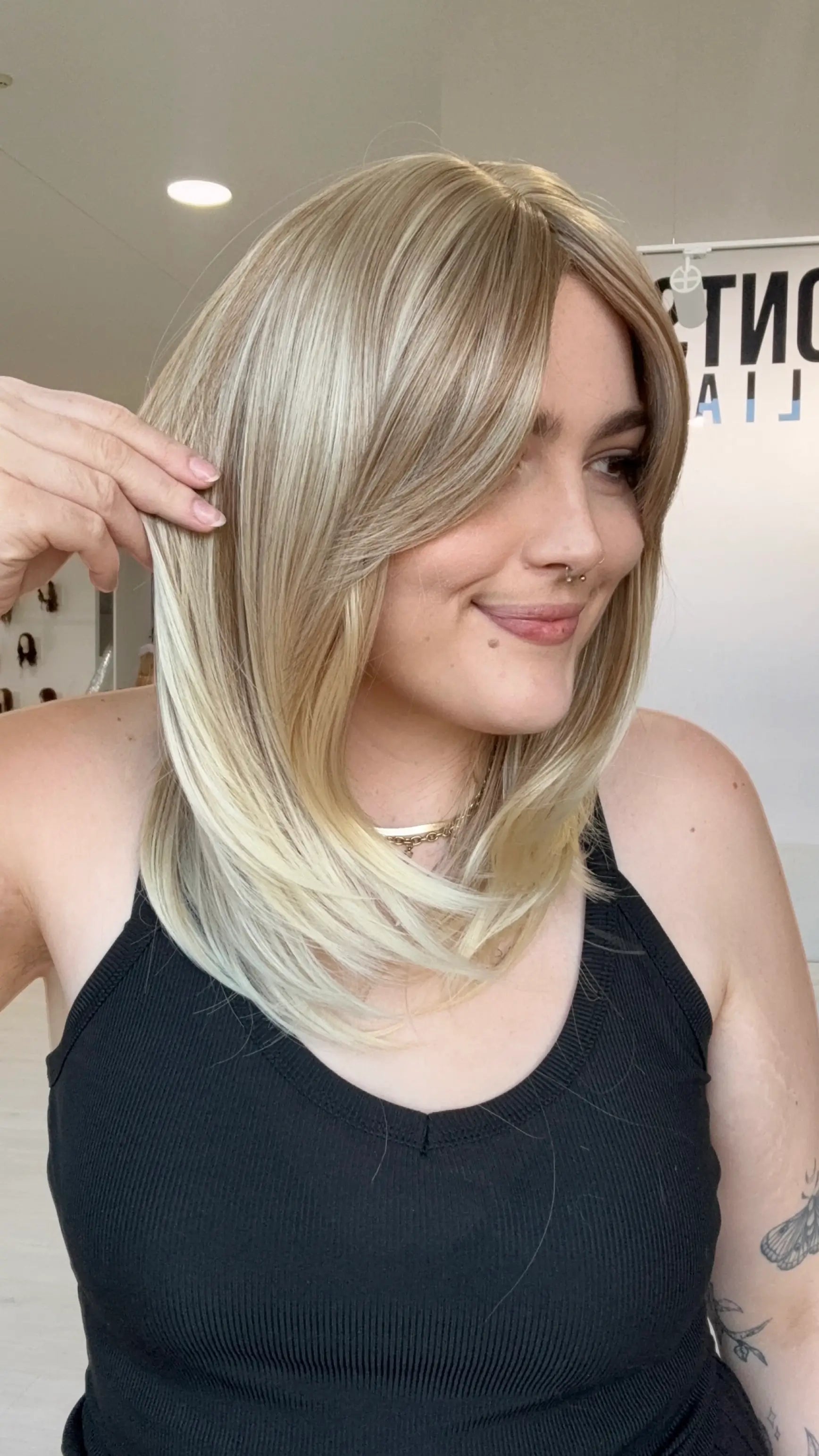 ready to wear, sandy blonde ombre with curtain bangs and layers, middle part with glueless cap, gold coast australia natural synthetics, blonde.