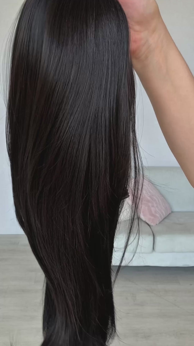lace front glueless wig in dark black, with light layers throughout and lace ear to ear. perfect for daily wear, heat safe straight hair.