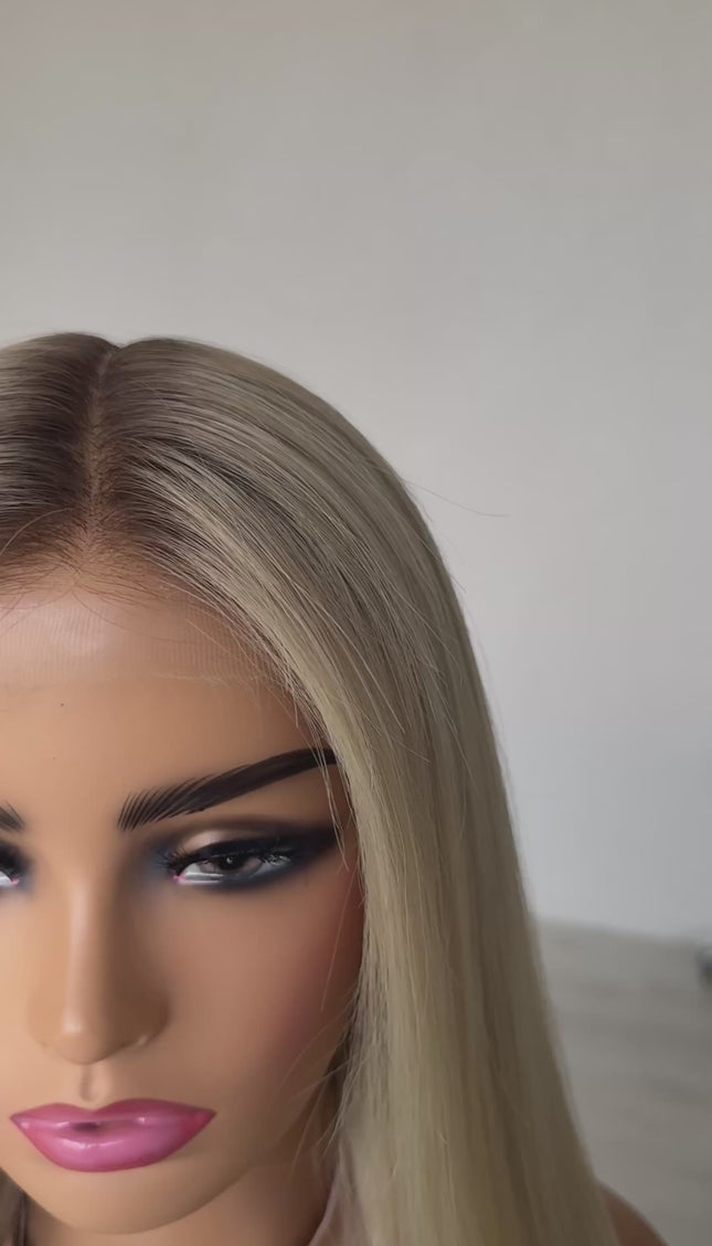 22 inch straight hair, creamy blonde wig, australia gold coast wigs, lace front, darker root.