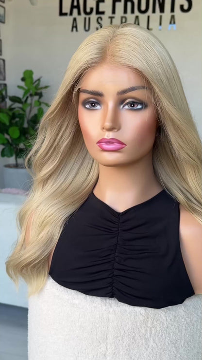 Colour: Dior, in sunlight, light sandy blonde hair. subtle waves. lacefront 100% Brazilian Remy Hair