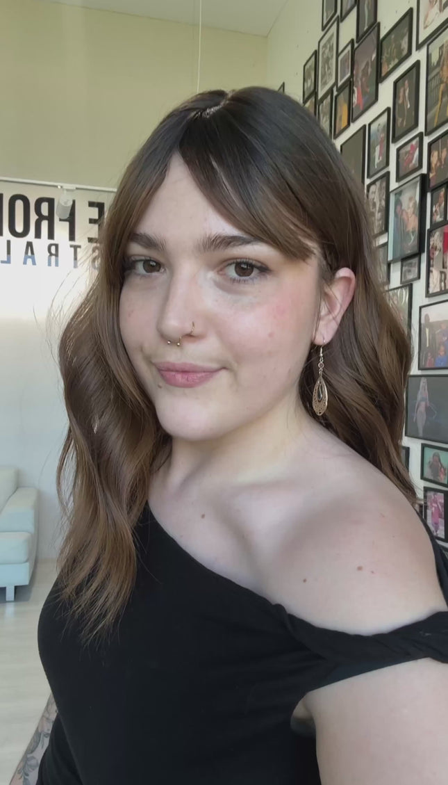 dark wavy brunette ombre, heat safe synthetic topper with fringe.