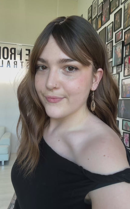 dark wavy brunette ombre, heat safe synthetic topper with fringe.