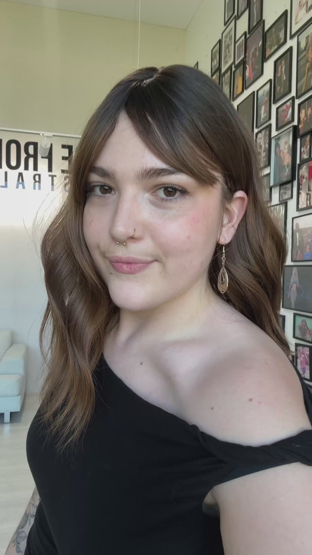 dark wavy brunette ombre, heat safe synthetic topper with fringe.