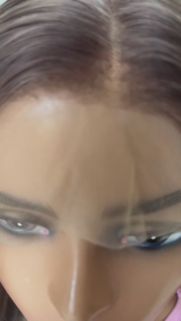 middle part lacefront wig, dark ash root, glueless wig australia.