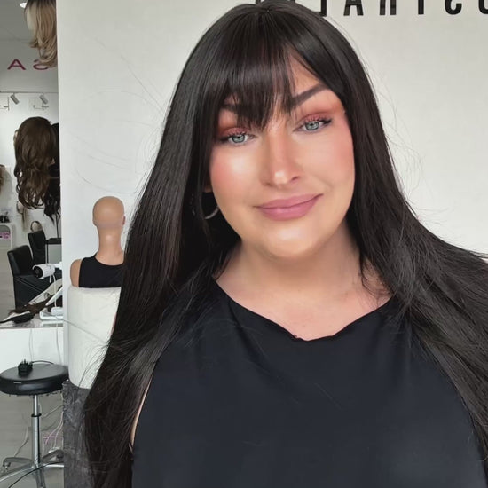 dark brunette layered hair with fringe, middle part, heat safe synthetic hair wig, glueless, australia wigs gold coast.