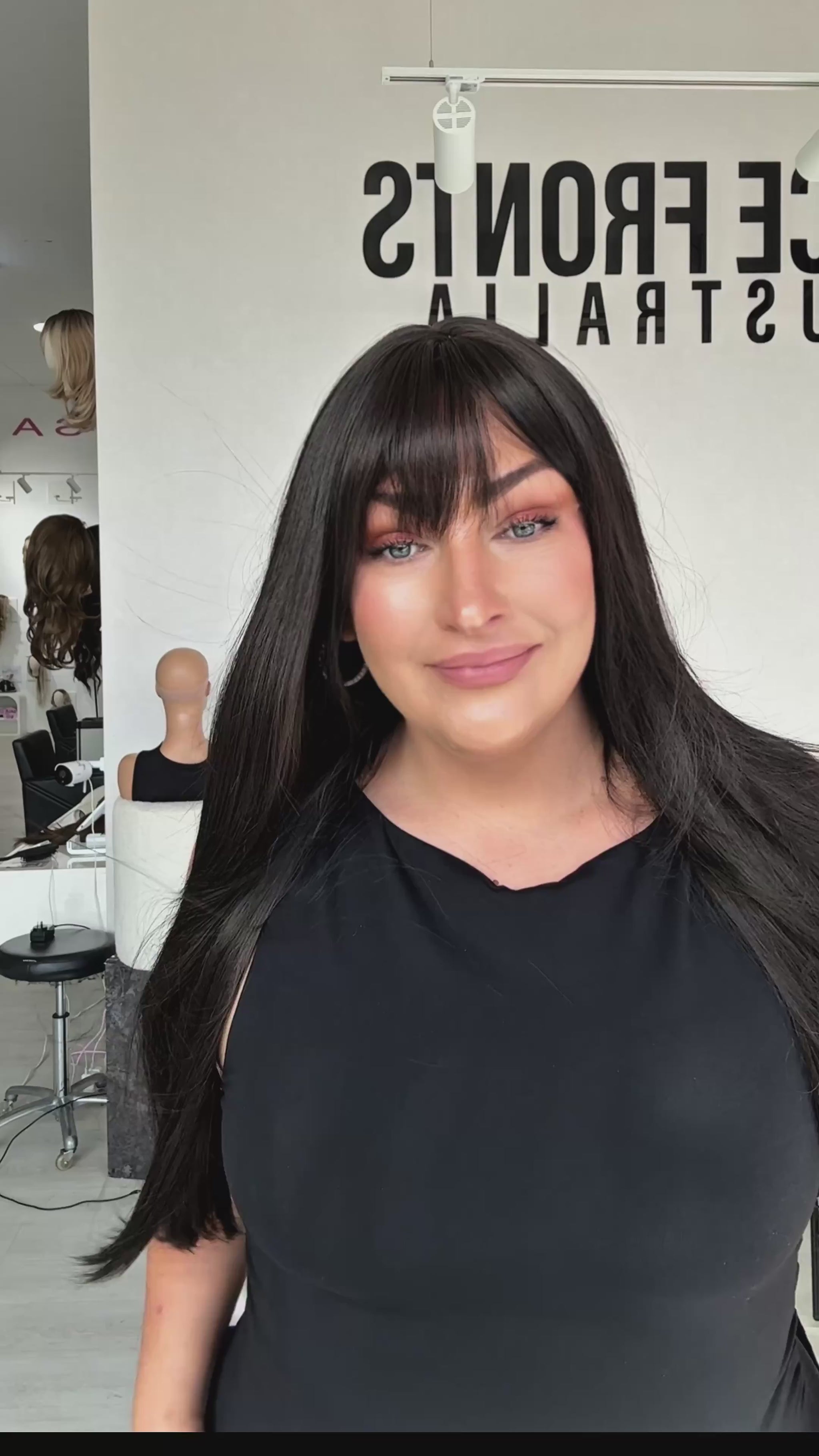 dark brunette layered hair with fringe, middle part, heat safe synthetic hair wig, glueless, australia wigs gold coast.