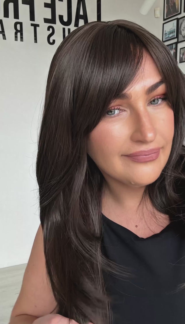 truffle brunette synthetic, long bangs parted to side, heat safe, glueless synthetic wigs, australia, gold coast.