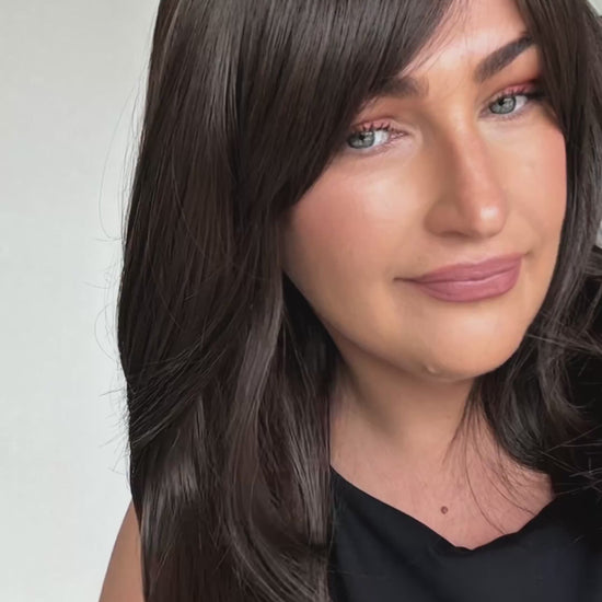 truffle brunette synthetic, long bangs parted to side, heat safe, glueless synthetic wigs, australia, gold coast.