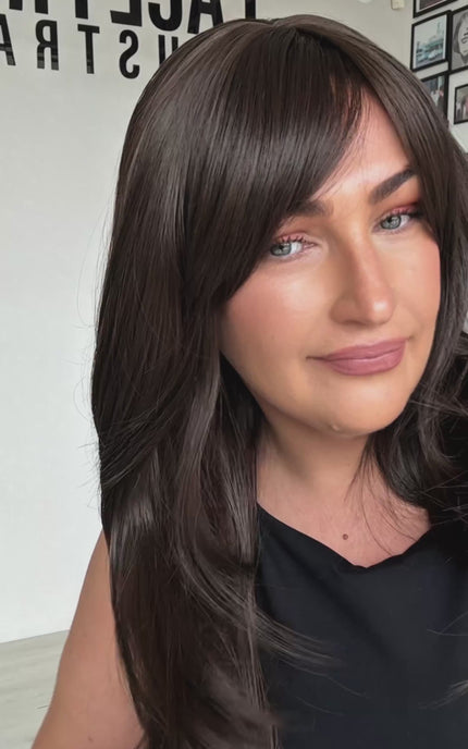 truffle brunette synthetic, long bangs parted to side, heat safe, glueless synthetic wigs, australia, gold coast.