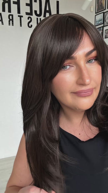 truffle brunette synthetic, long bangs parted to side, heat safe, glueless synthetic wigs, australia, gold coast.