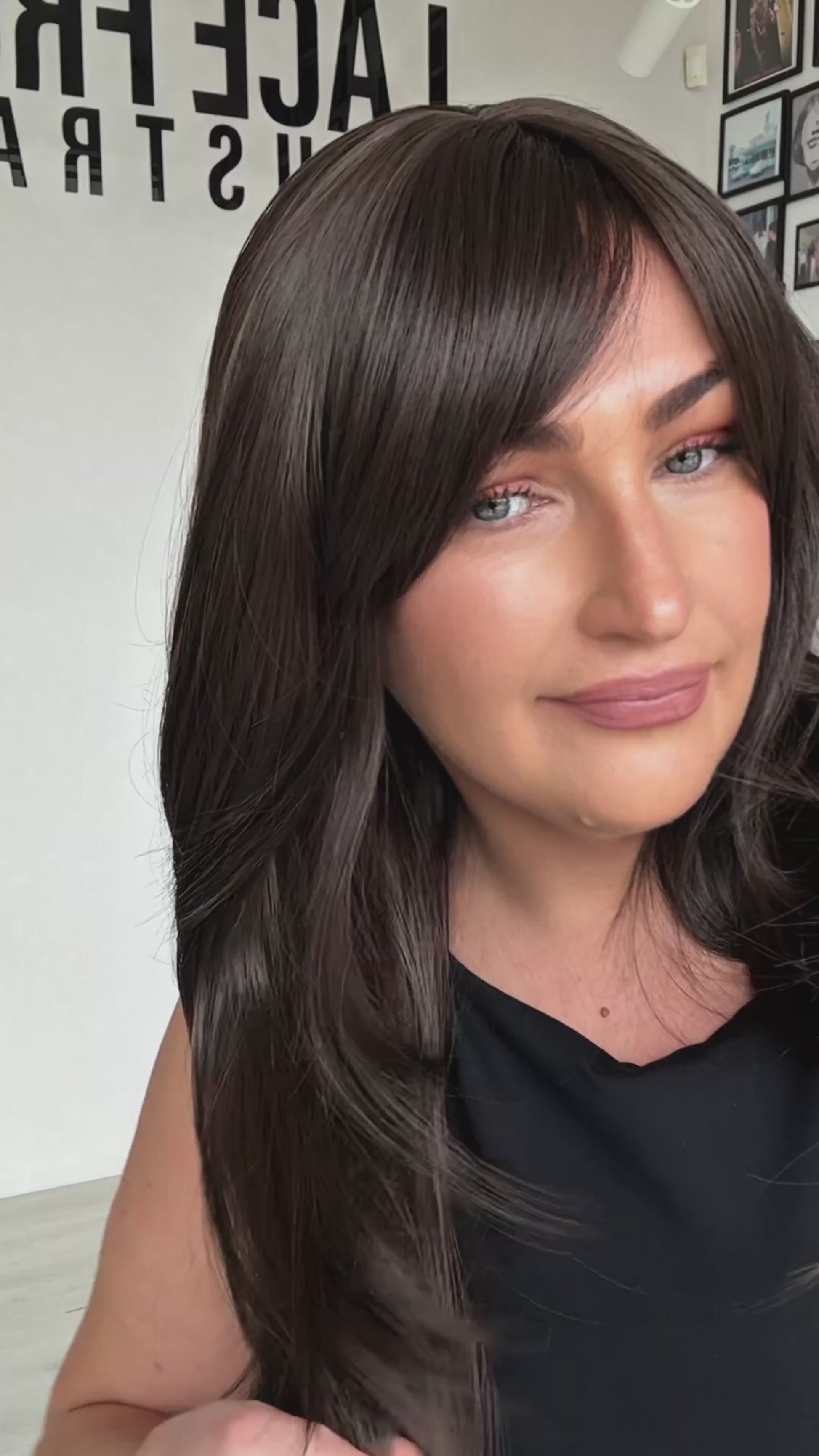 truffle brunette synthetic, long bangs parted to side, heat safe, glueless synthetic wigs, australia, gold coast.
