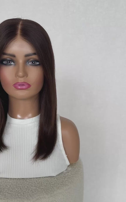 glueless lace front dark brunette human hair wig for hairloss, alopecia, chemotherapy.