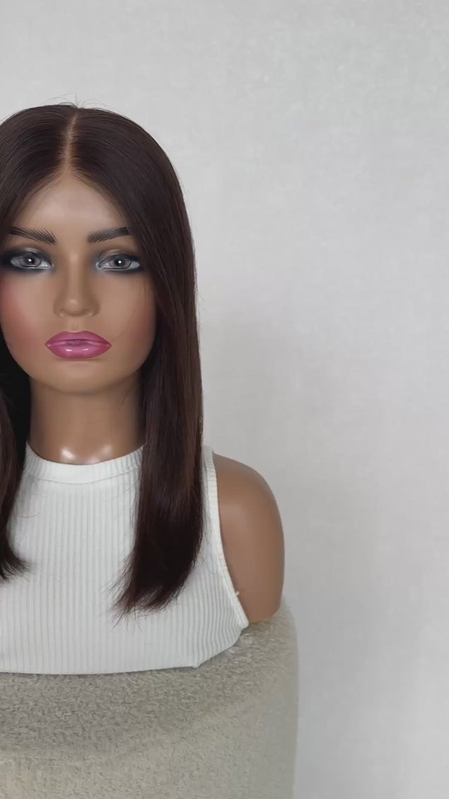 glueless lace front dark brunette human hair wig for hairloss, alopecia, chemotherapy.