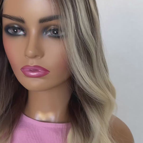 warrior t-part lacefront synthetic, heat safe glueless wigs australia, ash brunette with platinum highlights.