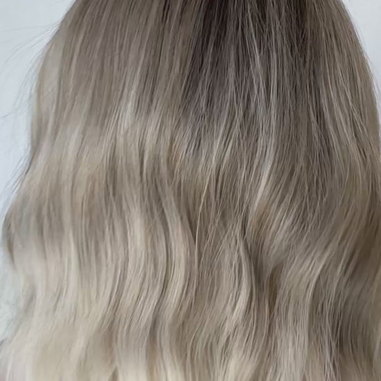 june synthetic wig dark root to ombre ash blonde, wavy fringe wig, heat safe and glueless .