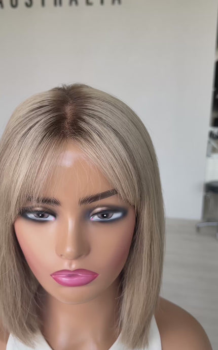 lace front medical grade blonde human hair bob wig for daily wear with glueless cap.