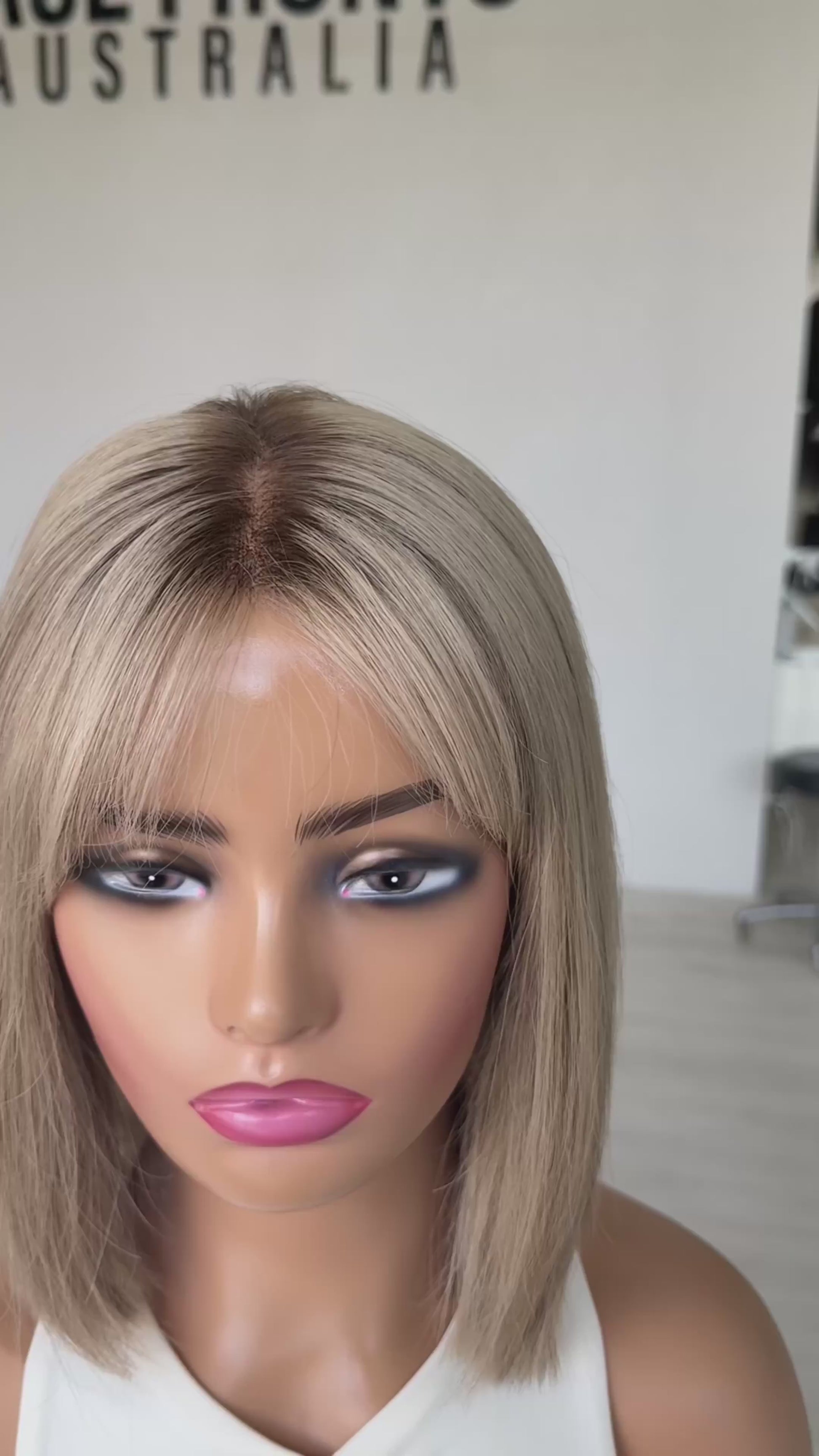 cathy 12 inch blonde lace front wig, darker root, beige sandy blonde with ash undertones and dark root, straight hair 12 inch bob wig australia.
